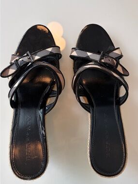 Burberry Black & Beige Check Strappy Slide Sandals
